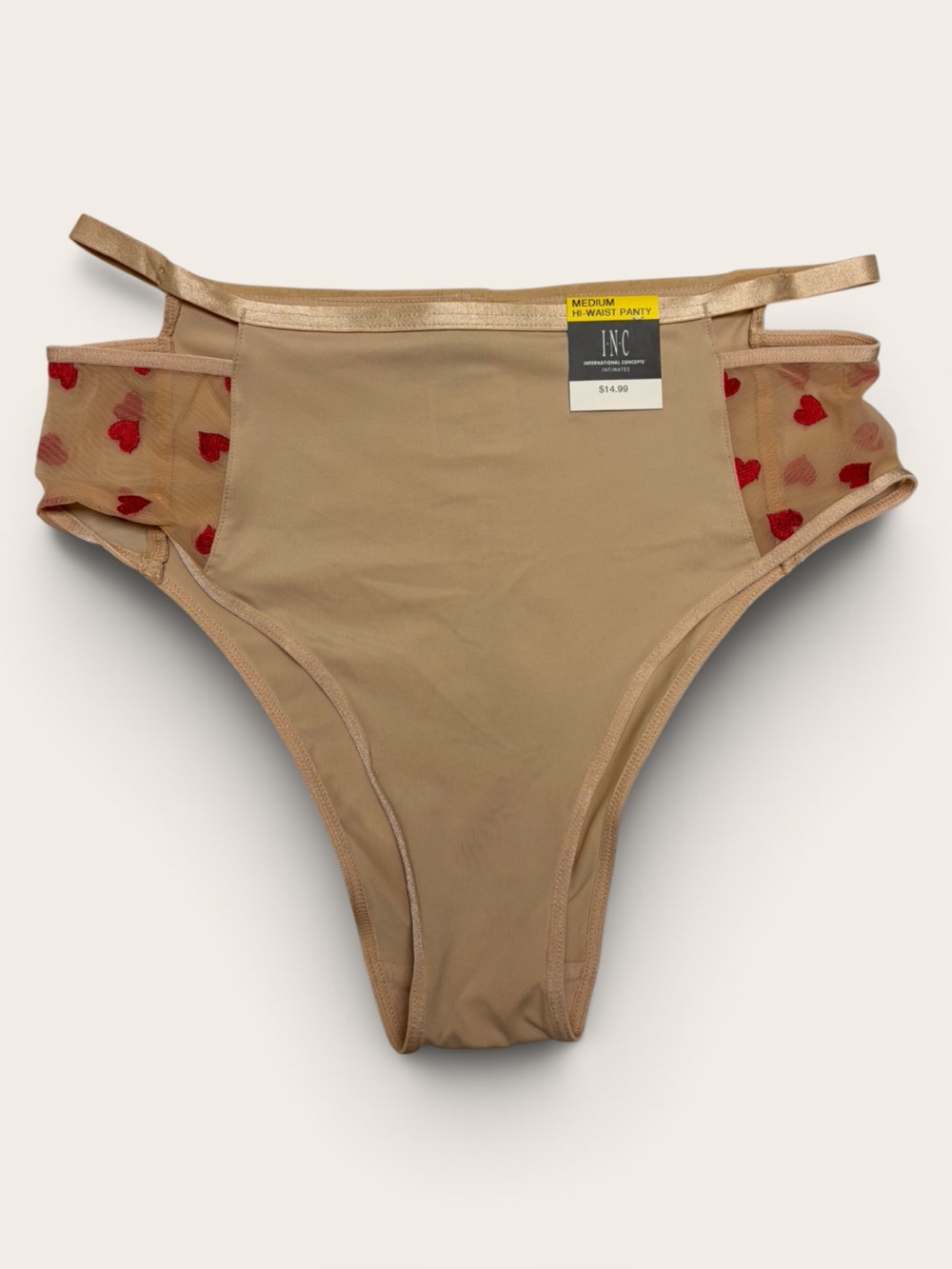 INC International Concepts Nude High-Waist Bikini Bottoms with Red Heart Mesh